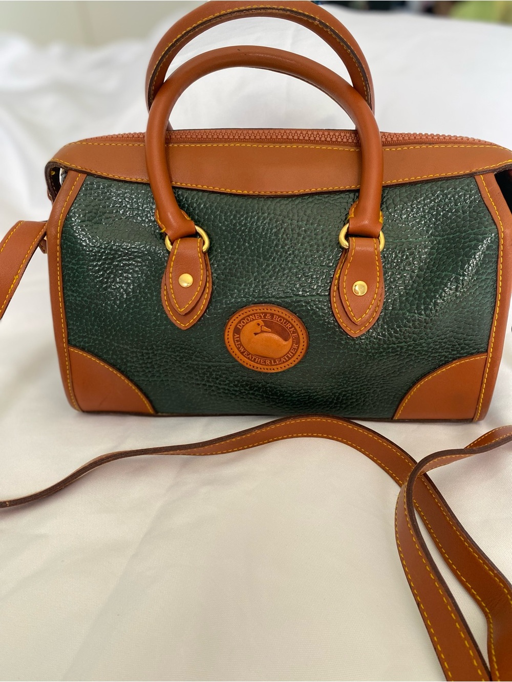 Dooney & Bourke Green and Brown Pebbled Leather Satchel with Crossbody Strap
